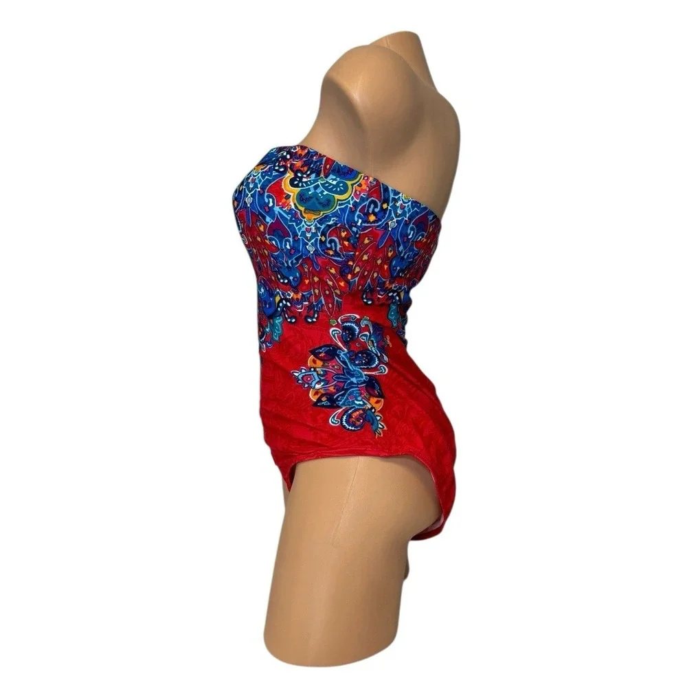 Lauren Ralph Lauren Red‎ Paisley Bandeau One Piece Swimsuit Womens Size 12